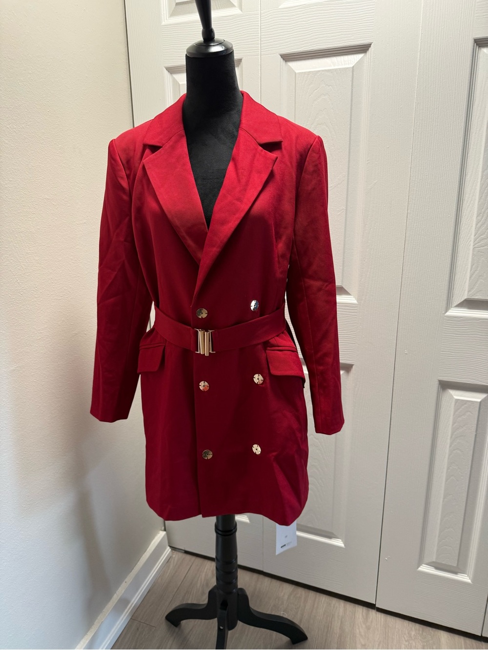 MOTF Red Double-Breasted Belted Blazer with Gold Buttons